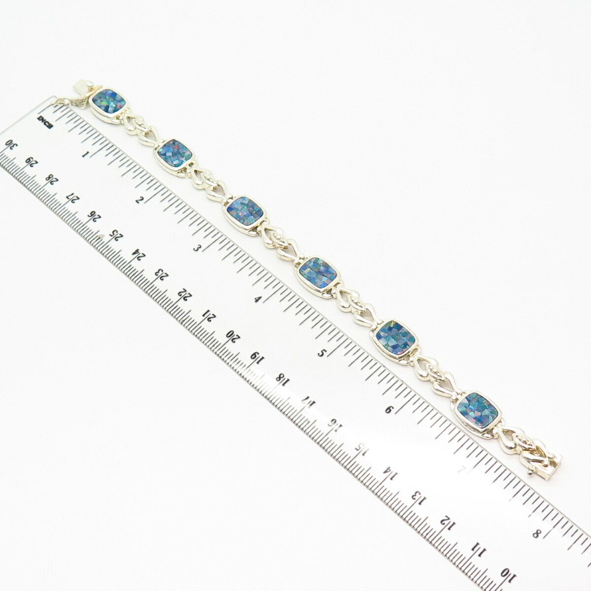 925 Sterling Silver Opal Imitation Link Bracelet 7"