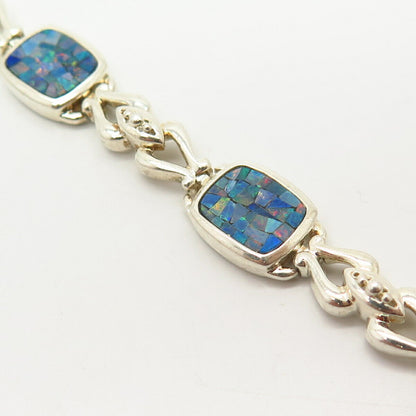 925 Sterling Silver Opal Imitation Link Bracelet 7"