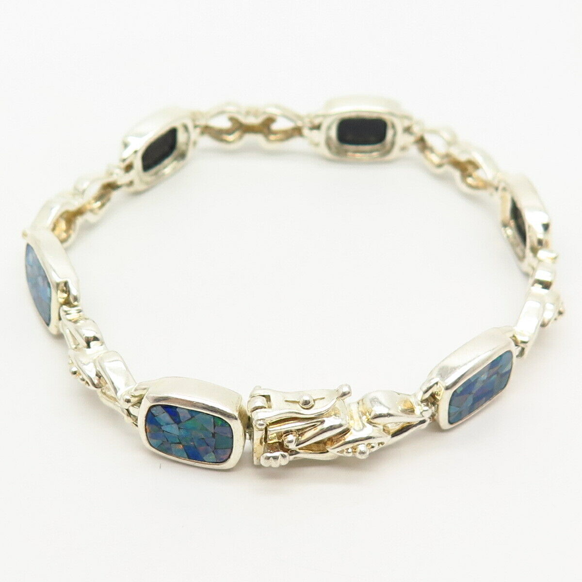 925 Sterling Silver Opal Imitation Link Bracelet 7"