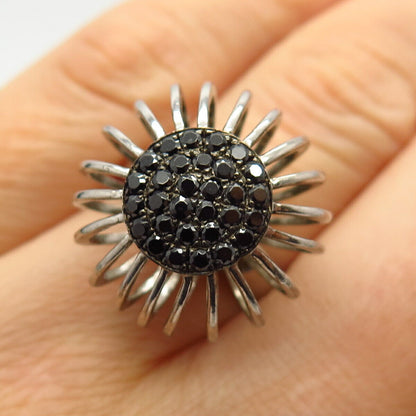 925 Sterling Silver Black C Z Floral Dandelion Design Ring Size 7