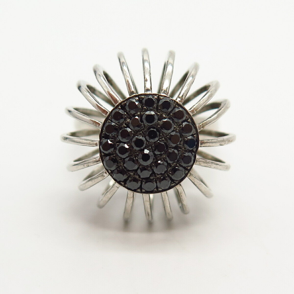 925 Sterling Silver Black C Z Floral Dandelion Design Ring Size 7