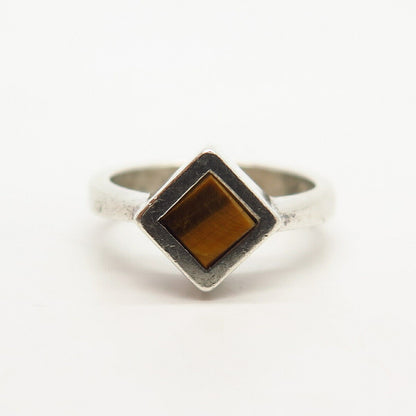 925 Sterling Silver Real Tiger Eye Gemstone Adjustable Ring Size 5 3/4