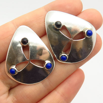 925 Sterling Vintage Mexico Black Onyx & Lapis Lazuli Gem Cutout Design Earrings