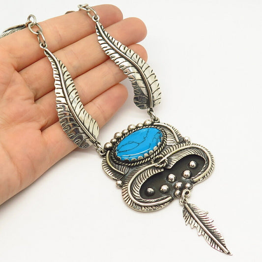 925 Sterling Vintage Mexico Turquoise Gem Feather Design Tribal Necklace 21"