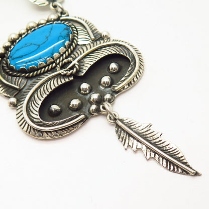 925 Sterling Vintage Mexico Turquoise Gem Feather Design Tribal Necklace 21"