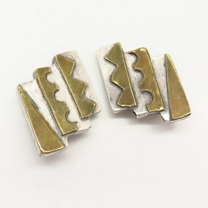 925 Sterling Silver 2-Tone Vintage Modernist Design Clip On Earrings