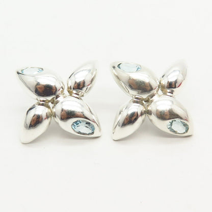 925 Sterling Silver Real Blue Topaz Gem Floral Design Stud Earrings