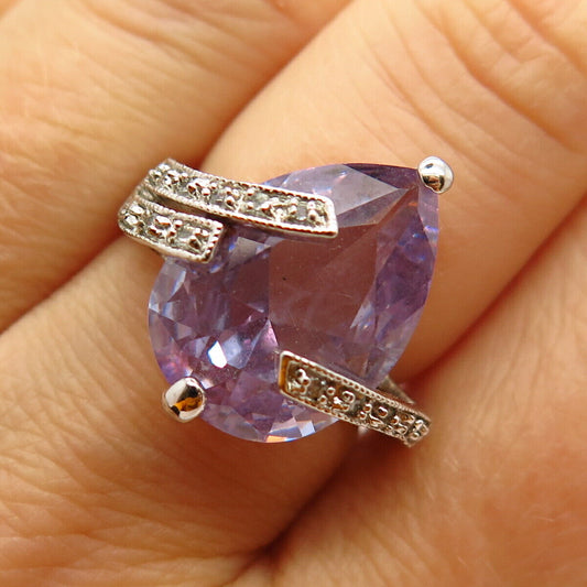 925 Sterling Silver White & Amethyst-Tone C Z  Ring Size 7