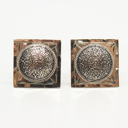 925 Sterling Silver Vintage Mexico Alpaca Aztec Calendar Design Cufflinks