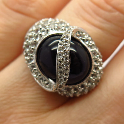 925 Sterling Silver Real Black Onyx Gemstone & C Z Ring Size 7