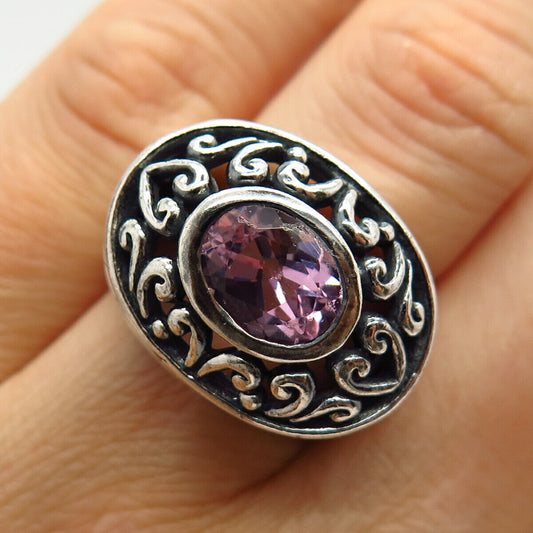 925 Sterling Silver Amethyst-Tone C Z Swirl Design Ring Size 6.5