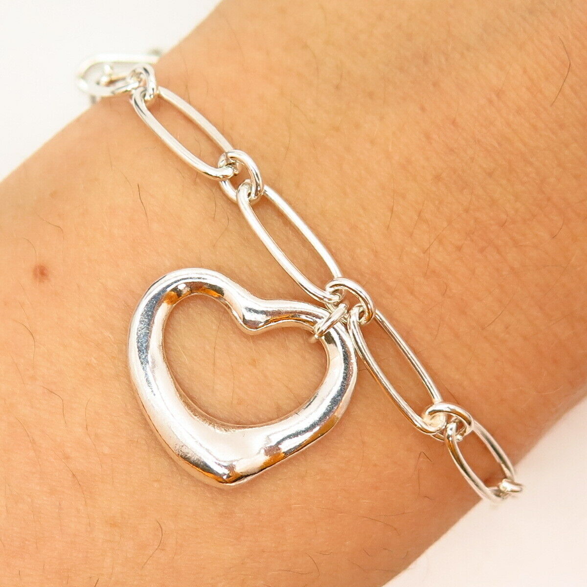 925 Sterling Silver Open Heart Oval Link Bracelet 6 3/4"