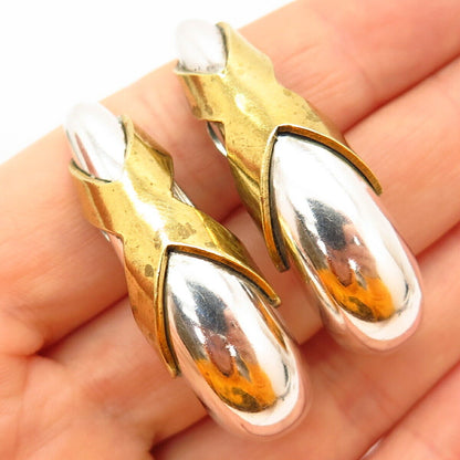 925 Sterling Silver 2-Tone Vintage Mexico Modernist Clip On Earrings