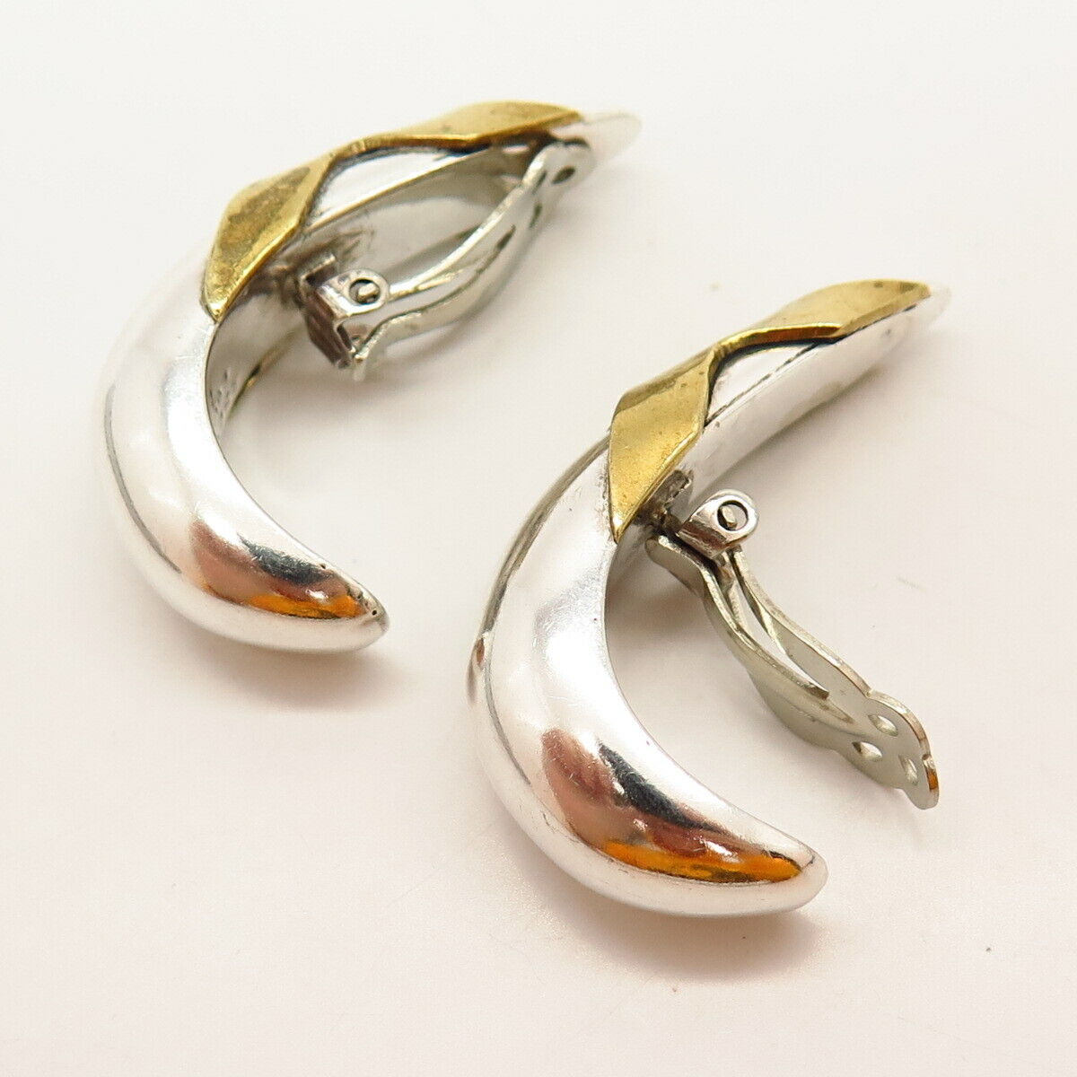 925 Sterling Silver 2-Tone Vintage Mexico Modernist Clip On Earrings