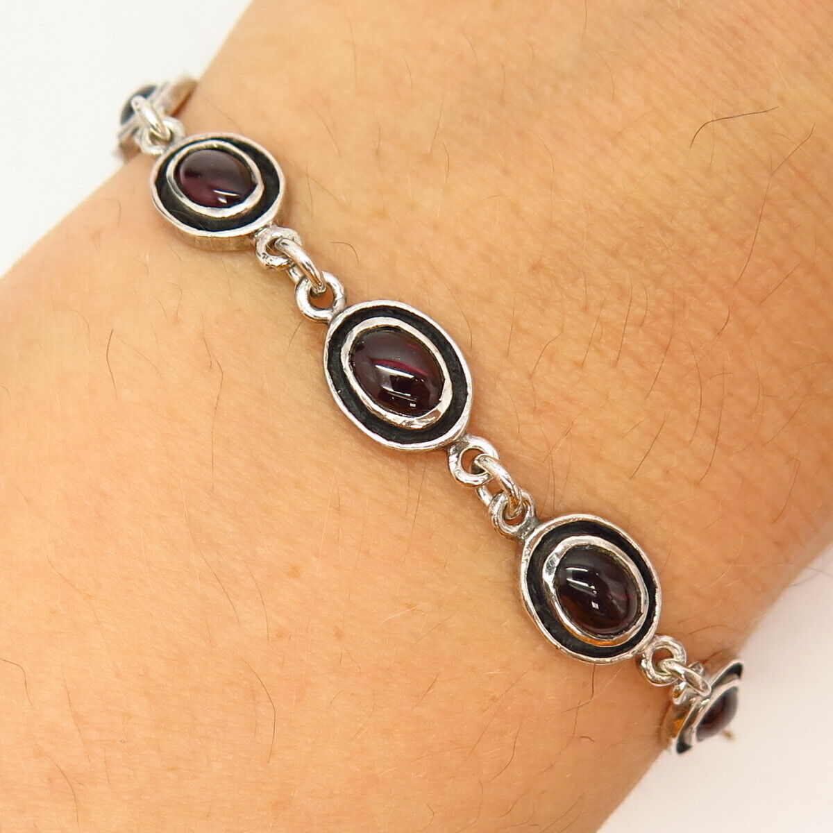 925 Sterling Silver Real Red Garnet Gemstone Link Bracelet 6 3/4"