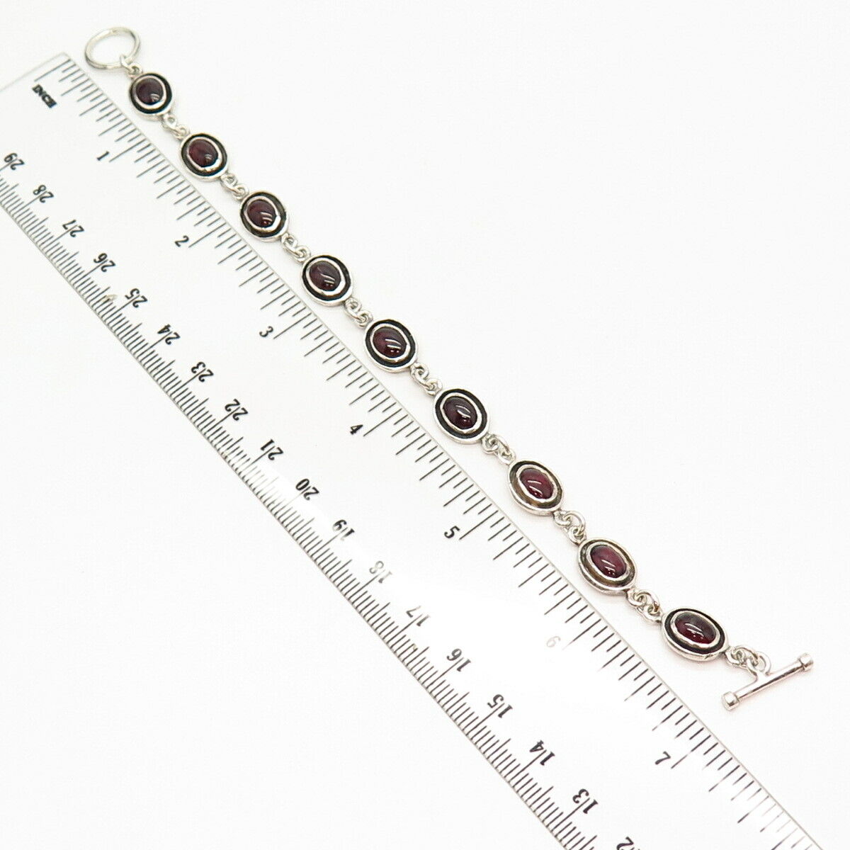 925 Sterling Silver Real Red Garnet Gemstone Link Bracelet 6 3/4"