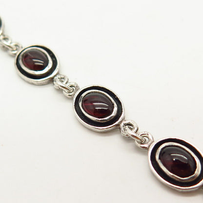 925 Sterling Silver Real Red Garnet Gemstone Link Bracelet 6 3/4"