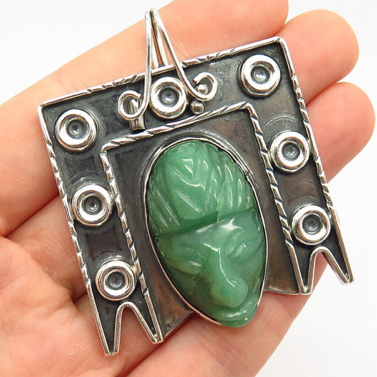 925 Sterling Silver Vintage Mexico Real Carved Jade Gem Tribal Face Pendant