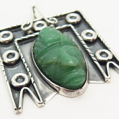 925 Sterling Silver Vintage Mexico Real Carved Jade Gem Tribal Face Pendant