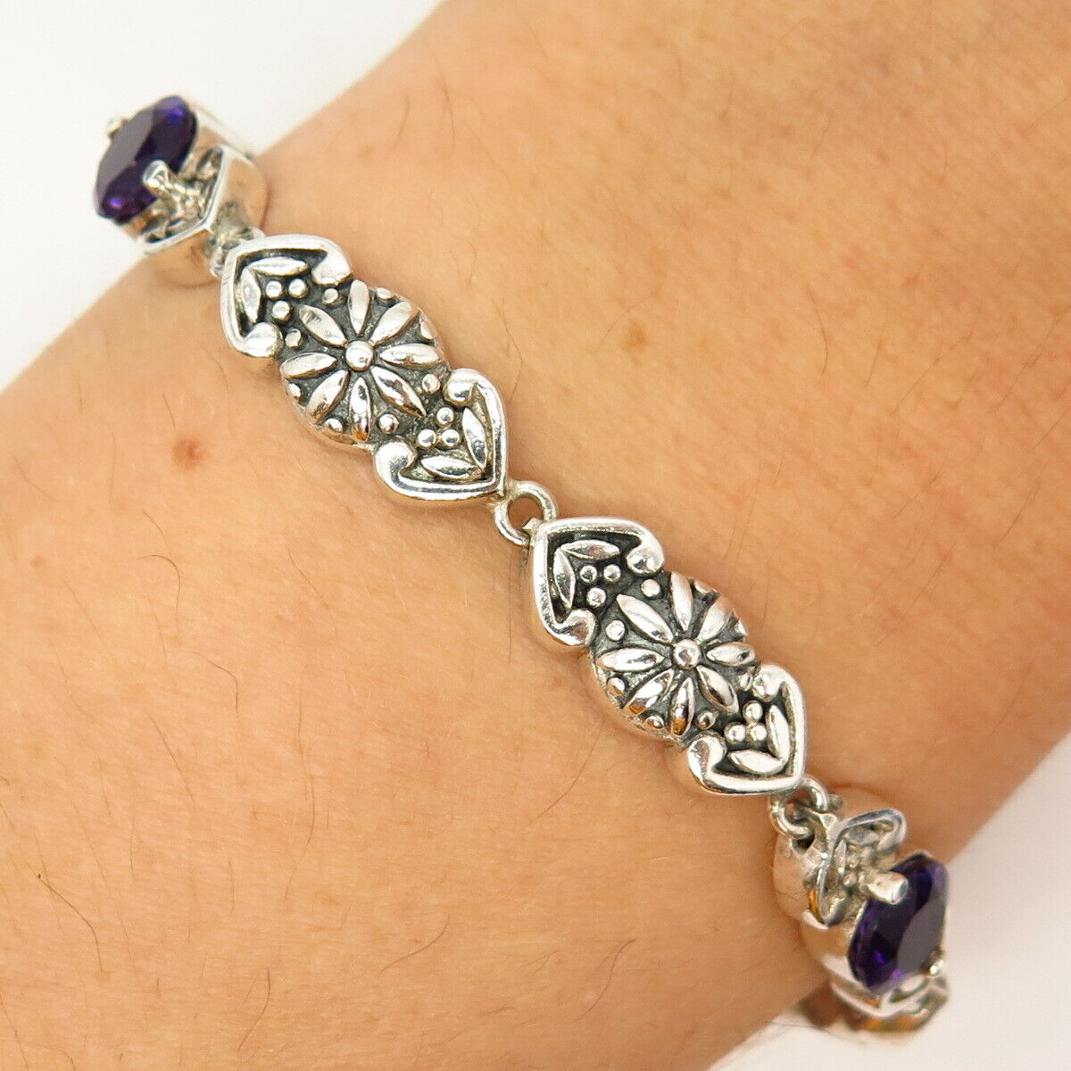 925 Sterling Silver Real Amethyst Gemstone Floral Design Link Bracelet 6 3/4"