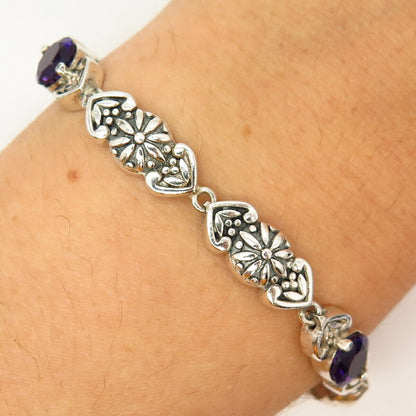 925 Sterling Silver Real Amethyst Gemstone Floral Design Link Bracelet 6 3/4"