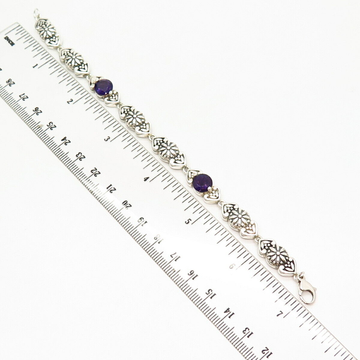 925 Sterling Silver Real Amethyst Gemstone Floral Design Link Bracelet 6 3/4"