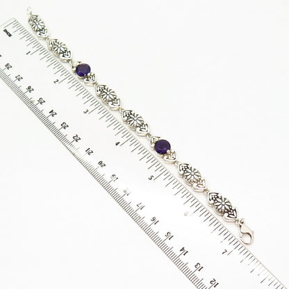 925 Sterling Silver Real Amethyst Gemstone Floral Design Link Bracelet 6 3/4"