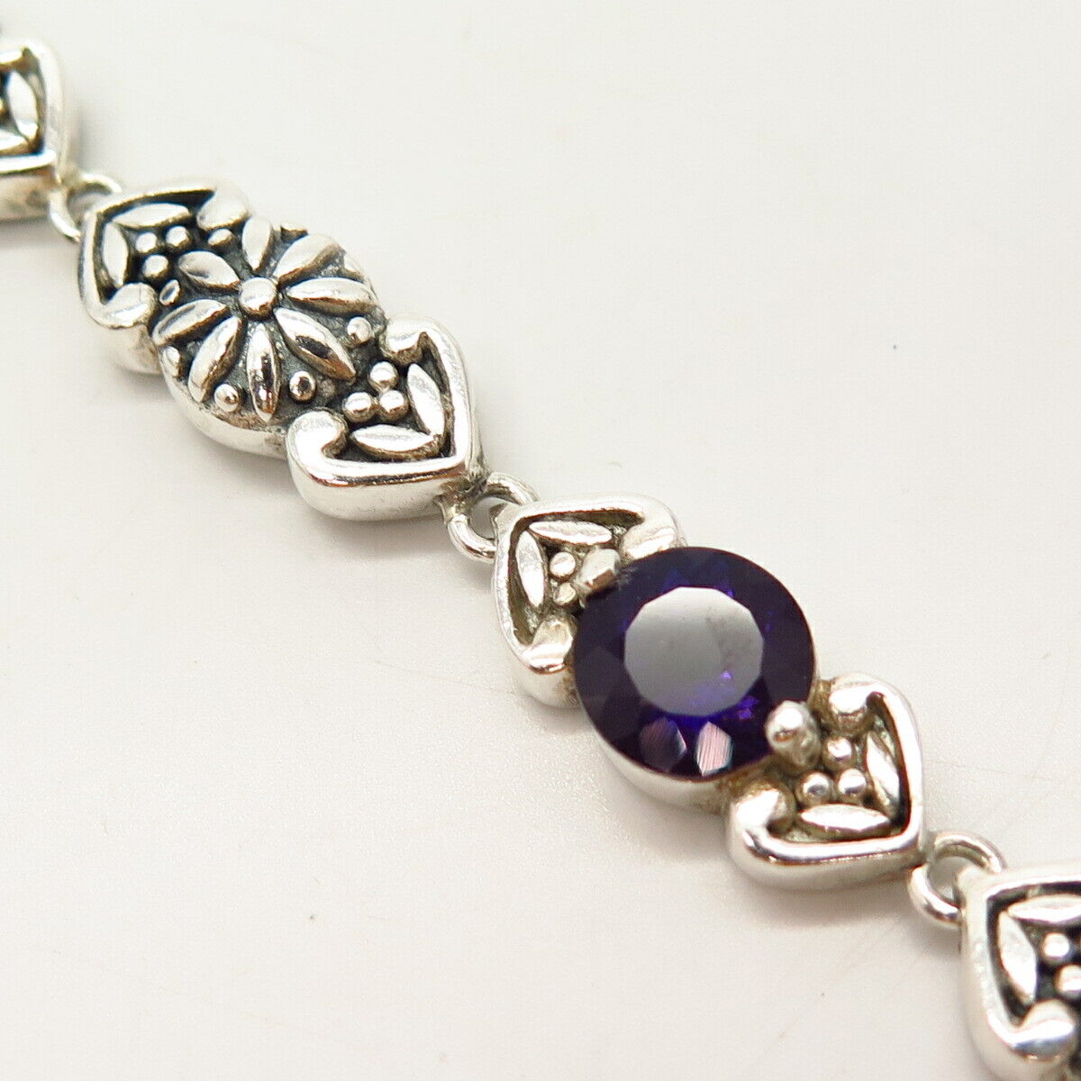 925 Sterling Silver Real Amethyst Gemstone Floral Design Link Bracelet 6 3/4"