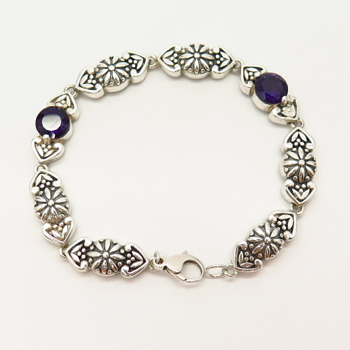 925 Sterling Silver Real Amethyst Gemstone Floral Design Link Bracelet 6 3/4"