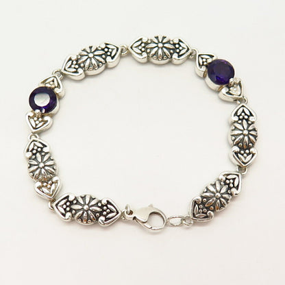 925 Sterling Silver Real Amethyst Gemstone Floral Design Link Bracelet 6 3/4"