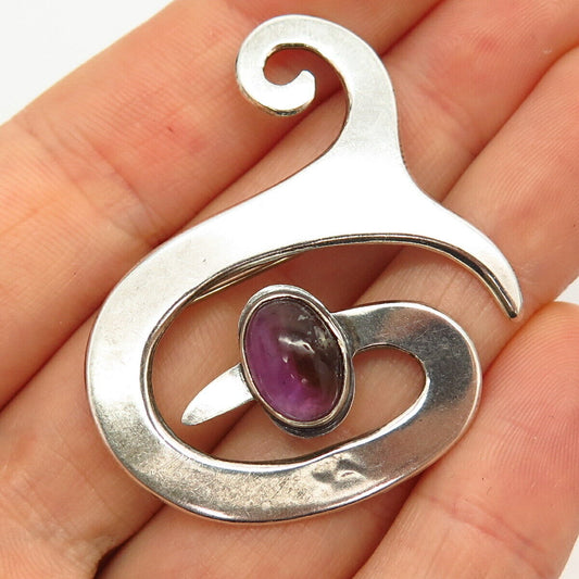 925 Sterling Silver Vintage Mexico Real Amethyst Gem Swirl Design Pin Brooch