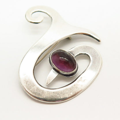 925 Sterling Silver Vintage Mexico Real Amethyst Gem Swirl Design Pin Brooch