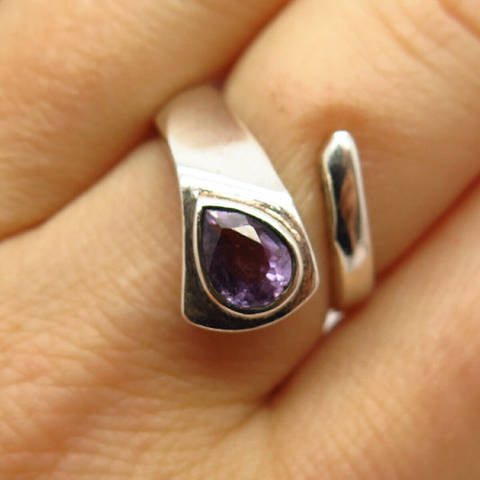 925 Sterling Silver Vintage Real Amethyst Gemstone Bypass Ring 7 1/4