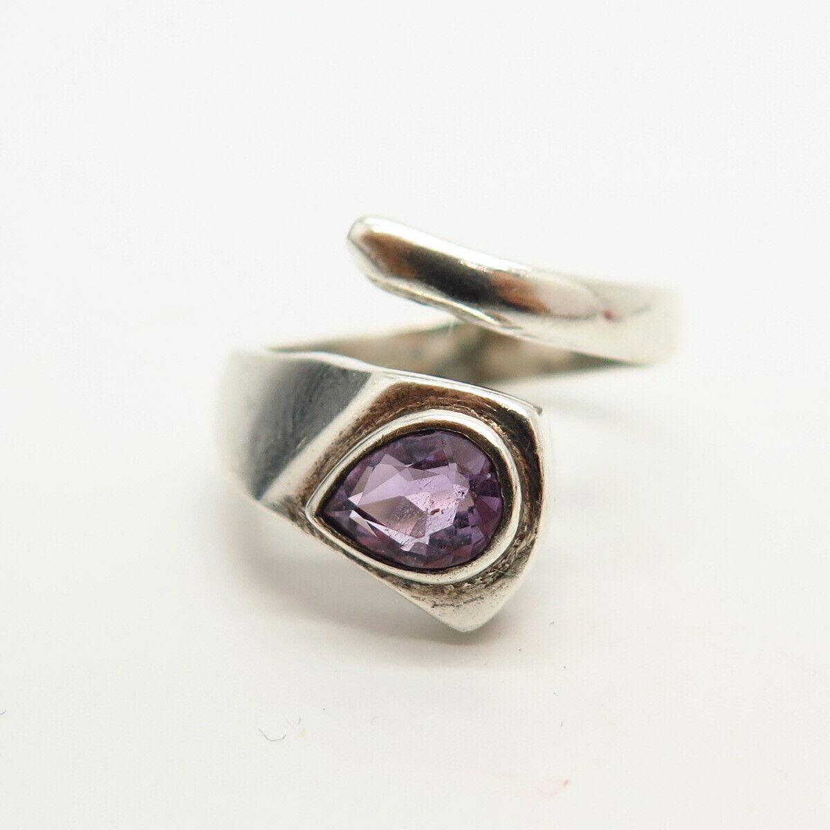 925 Sterling Silver Vintage Real Amethyst Gemstone Bypass Ring 7 1/4