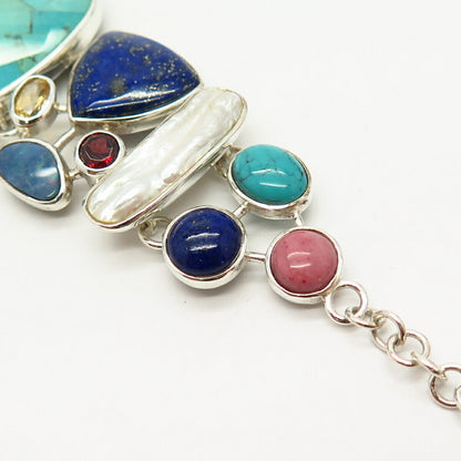 925 Sterling Real Multi-Color Gemstone & Baroque Pearl Wide Link Bracelet 7 3/4"