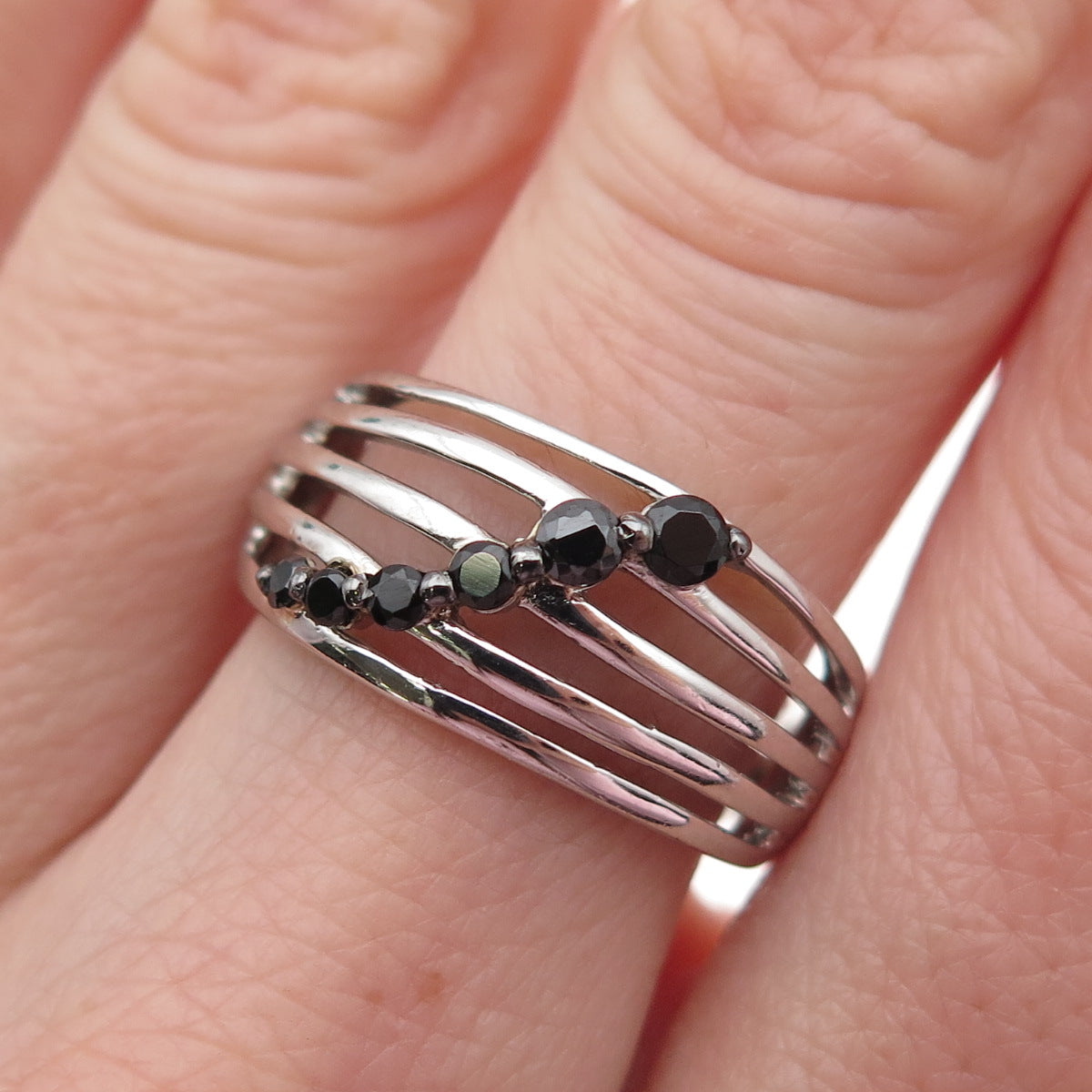 925 Sterling Silver Real Round-Cut Black Spinel Multi-Row Ring Size 7.5