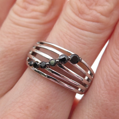 925 Sterling Silver Real Round-Cut Black Spinel Multi-Row Ring Size 7.5