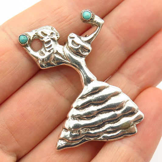 925 Sterling Vintage Mexico Turquoise Gem Dancing Woman Pin Brooch / Pendant