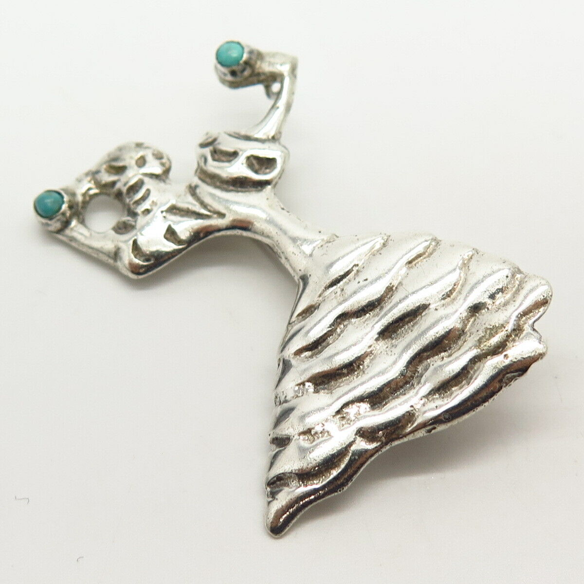 925 Sterling Vintage Mexico Turquoise Gem Dancing Woman Pin Brooch / Pendant