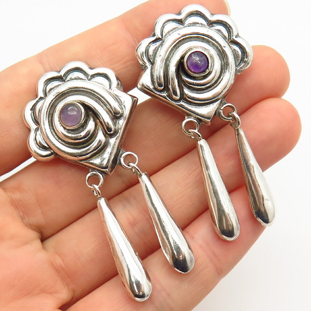 925 Sterling Vintage Mexico Amethyst Gem Floral Dangling Screw Back Earrings