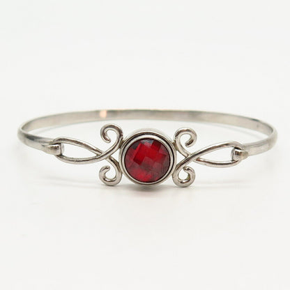 925 Sterling Silver Red Garnet-Tone C Z Bangle Bracelet 7 1/4"