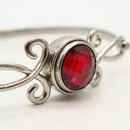 925 Sterling Silver Red Garnet-Tone C Z Bangle Bracelet 7 1/4"