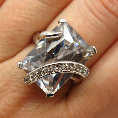 925 Sterling Silver C Z Overlap Design Wide Statement Cocktail Ring