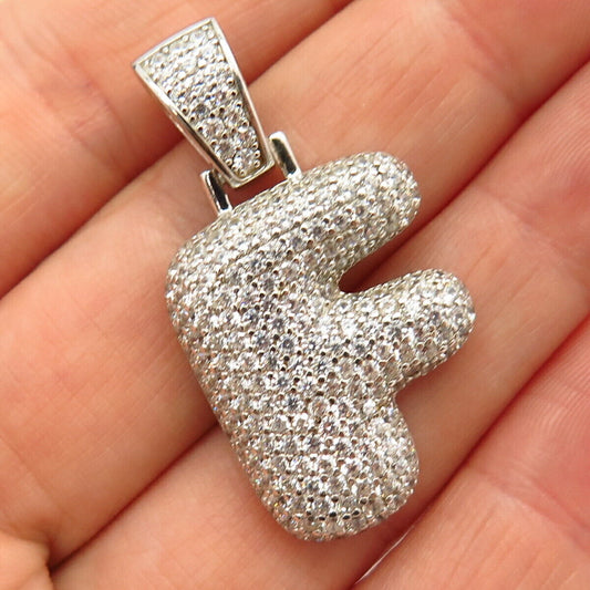 925 Sterling Silver Pave C Z Puffy Letter "F" Initial Design Pendant