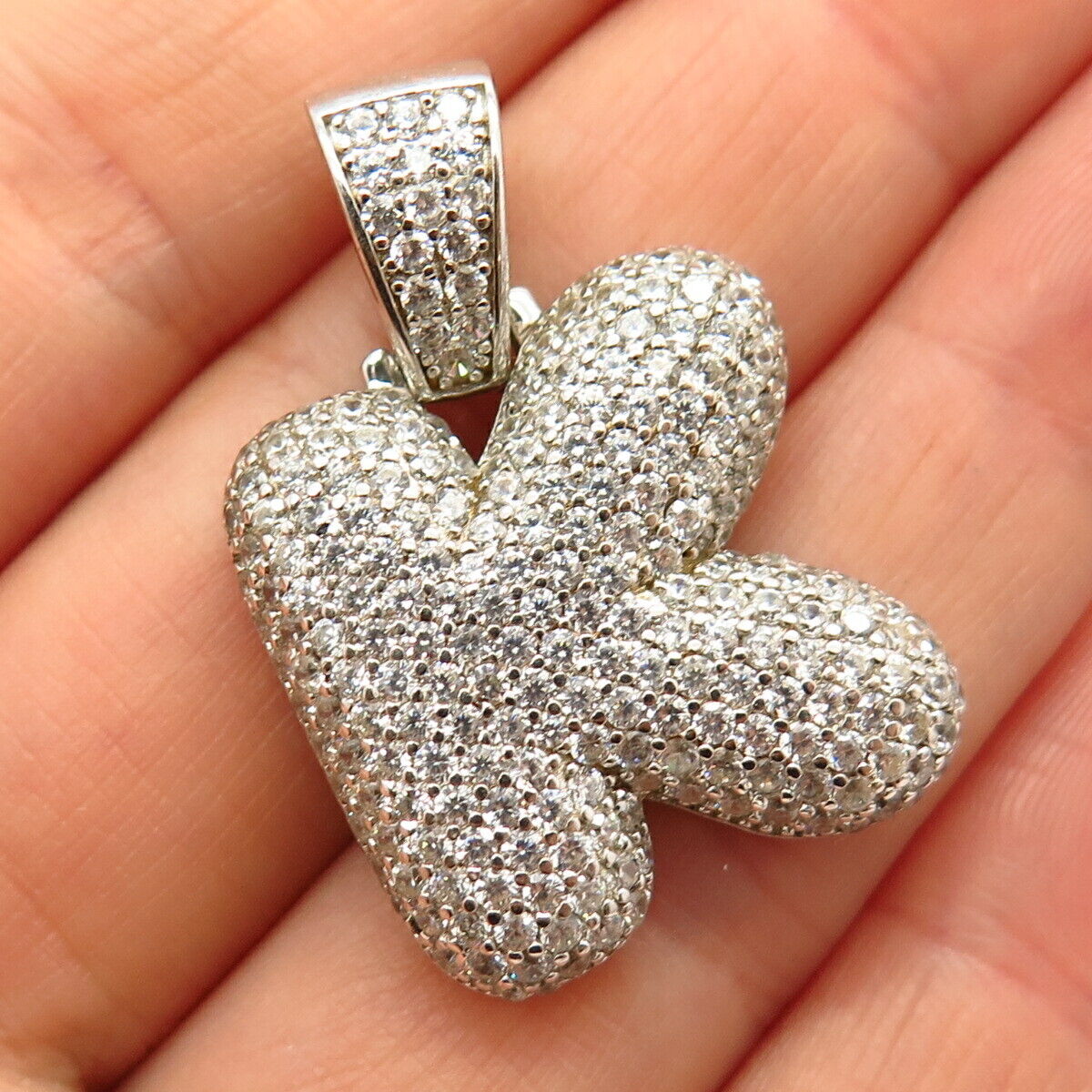 925 Sterling Silver Pave C Z Puffy Letter "K" Initial Design Pendant