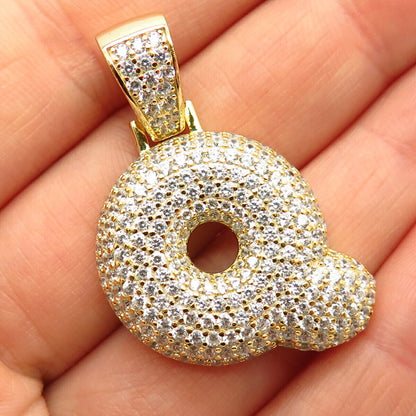 925 Sterling Silver Gold Plated Pave C Z Puffy Letter "Q" Initial Design Pendant