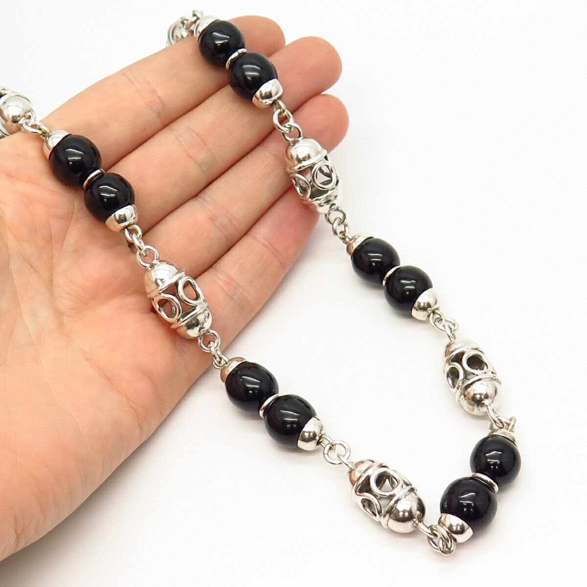 925 Sterling Vintage Mexico Black Onyx Gem Bead & Barrel Long Chain Necklace 30"