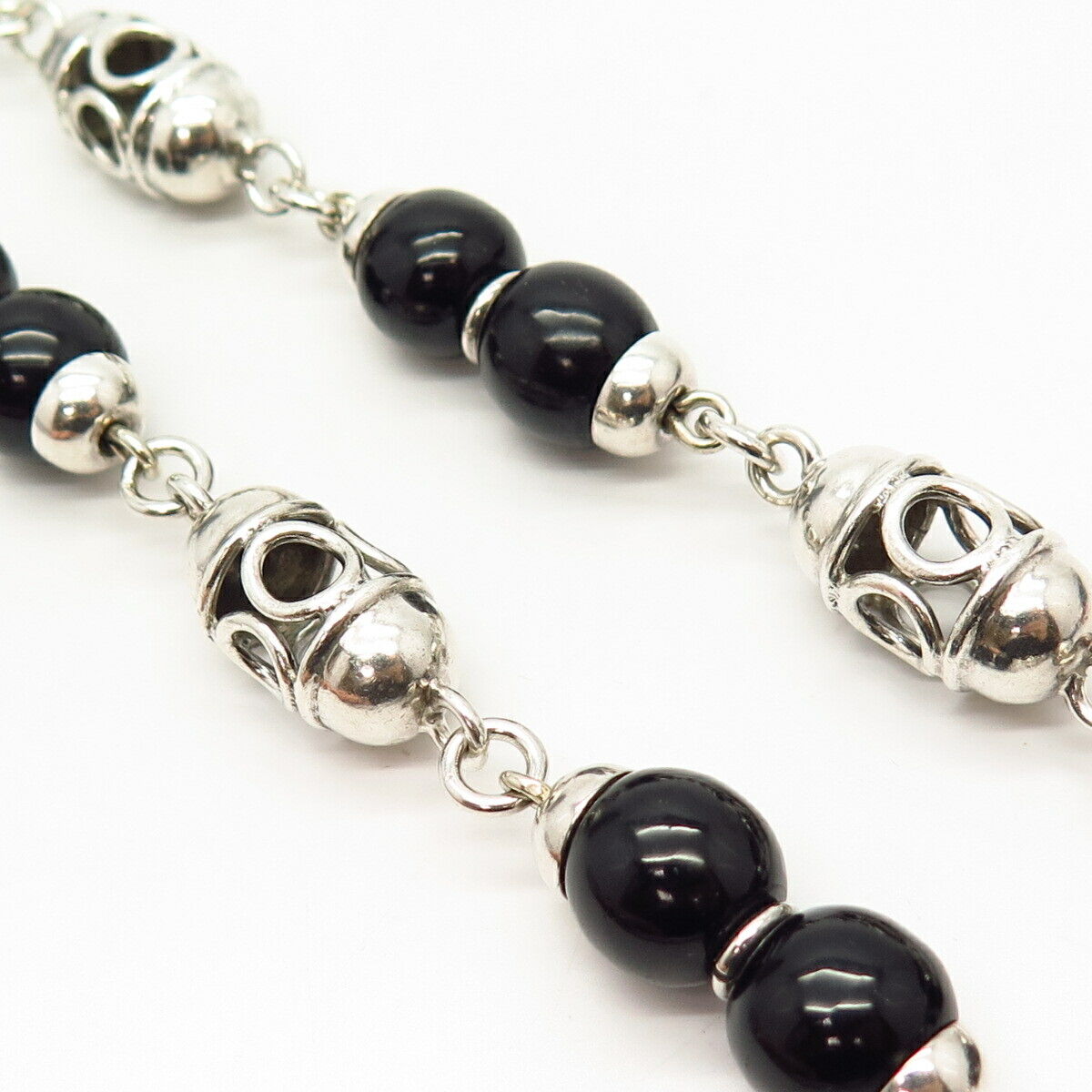 925 Sterling Vintage Mexico Black Onyx Gem Bead & Barrel Long Chain Necklace 30"