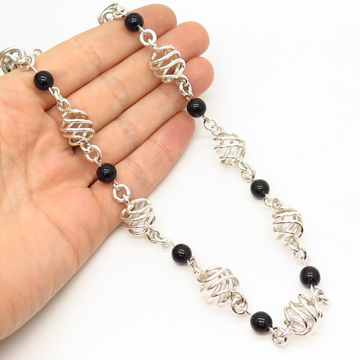 925 Sterling Silver Vintage Mexico Black Onyx Gem Spiral Long Chain Necklace 32"