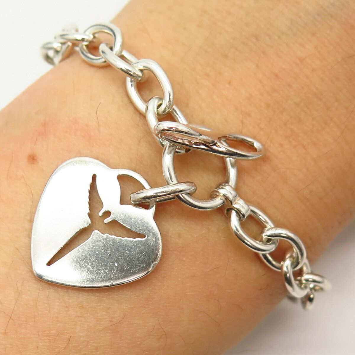 925 Sterling Silver Lavaggi Soaring Angel Heart Charm Rolo Link Bracelet 6 1/4"